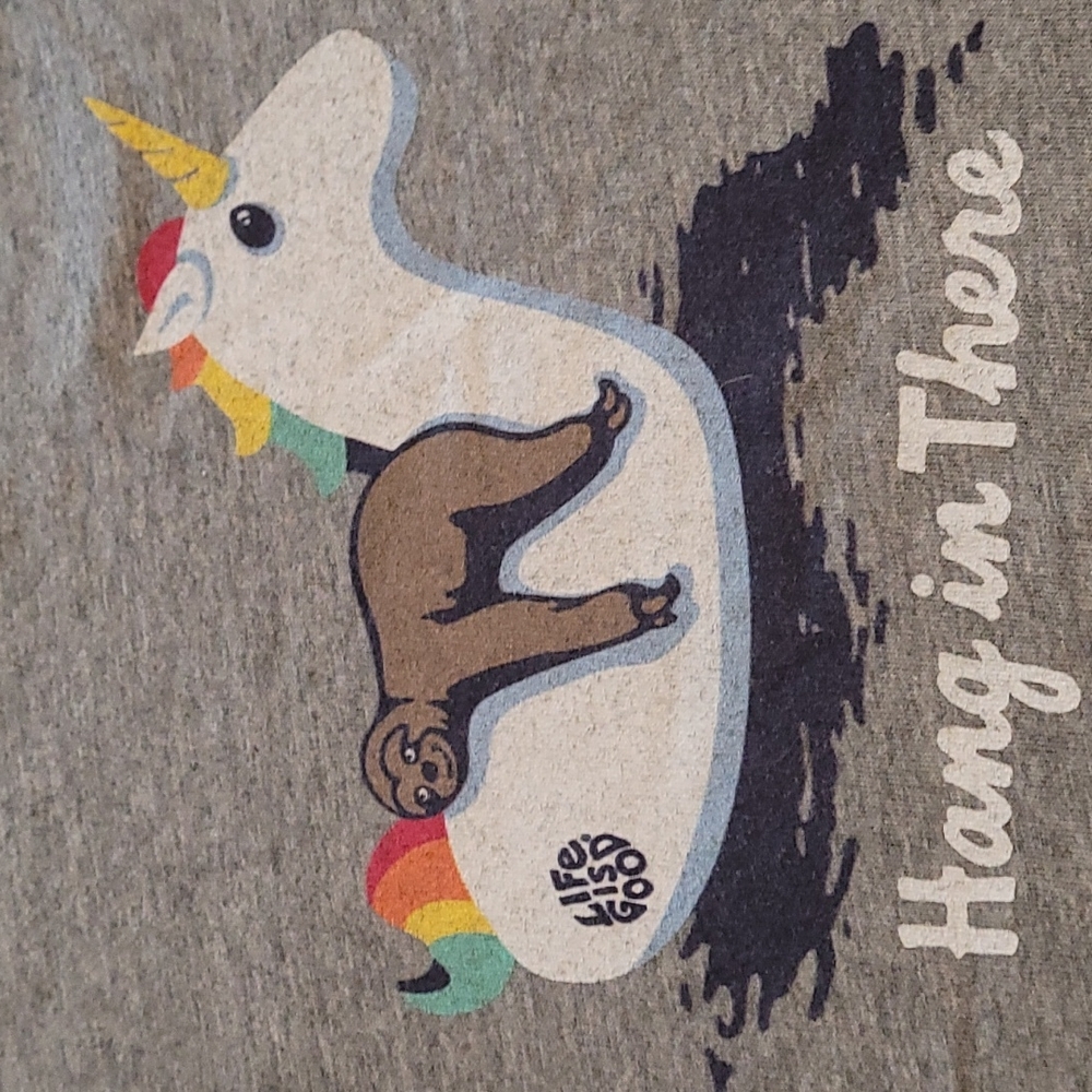 Life Is Good Crusher Tee Hang In There Sloth Unicorn Graphic Gray Casual Tshirt - Picture 2 of 8